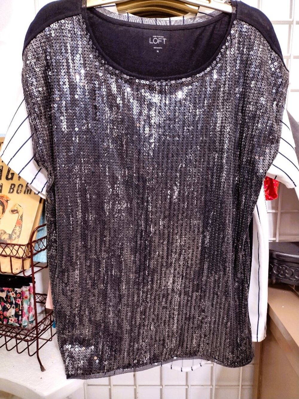 Loft XL Formal Sequin Grey Cruise Club Wedding Blouse Shell Dance
